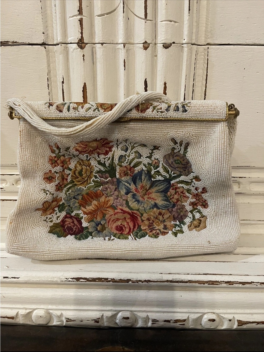 Cream Floral Beaded Wristlet Clutch